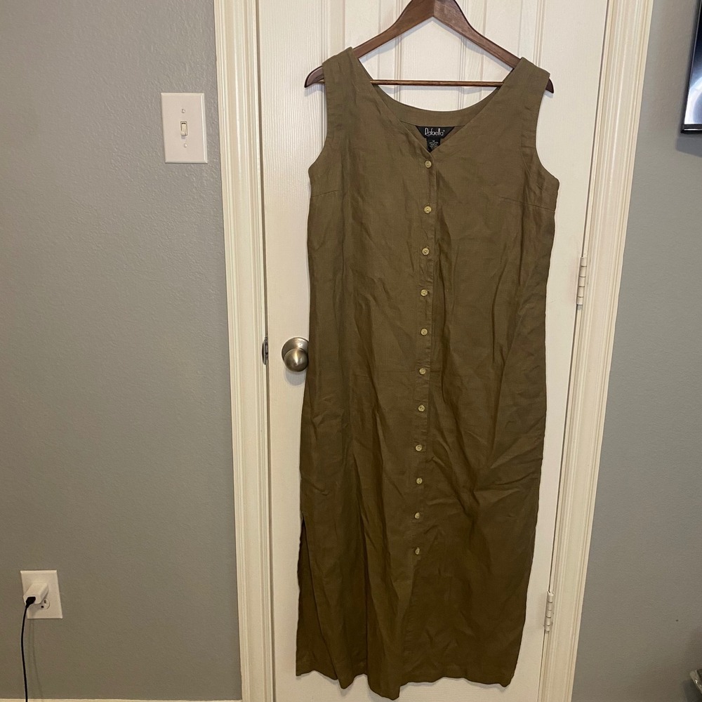Rafaella Womens 100% Linen Button Front Maxi Dress Olive Green Size 12 Pocket